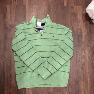 Tommy Hilfiger Men's Light Green Zip-Neck Striped Sweater